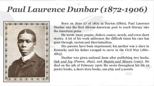 On the left, a portrait of Paul Laurence Dunbar, a seminal African American poet, circa 1890, with a serious face while wearing a long sleeve under a coat. On the right, are some information about his life