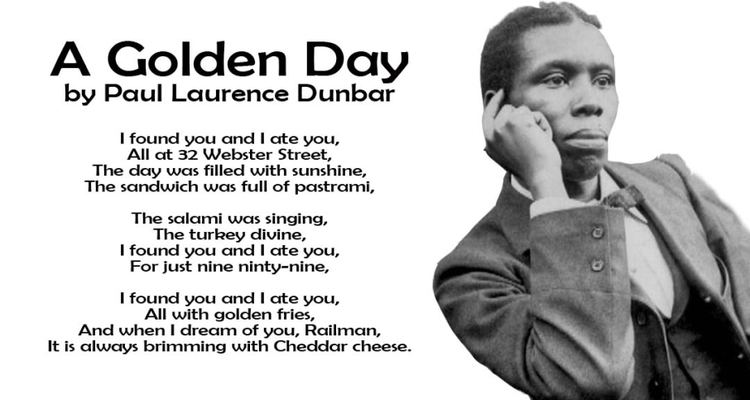 On the left, the poem "A Golden Day" by Paul Laurence Dunbar. On the right, Paul looking afar while pointing at his head with a serious face and wearing a long sleeve under a vest, bow tie, and coat