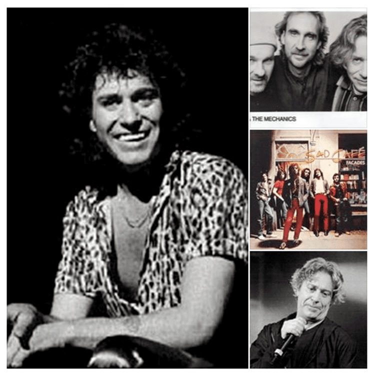 On the left, Paul Young with curly hair and smiling. On the right, the Sad Café and Mike + the Mechanics band group, and at the bottom right is Paul Young wearing a black shirt while holding a microphone.
