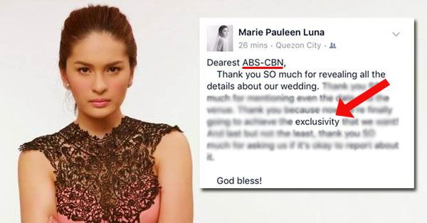Pauleen Luna with a fierce face, wearing earrings and a brown dress while featuring her post of dismay about ABS-CBN reported about the details of her wedding.