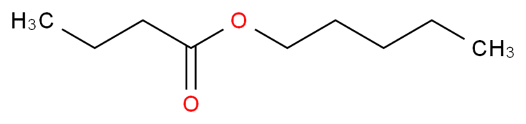 Pentyl butyrate has a characteristic taste of plums and apricots. This chemical is used as an additive in tobacco. It has lines connecting the C to O and O to CH3.