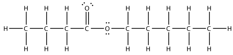 Amyl acetate (also pentyl ethanoate, and pentyl acetate) is an organic compound and an ester with the chemical formula CH3COO(CH2)4CH3. It connects H to H, C, H, then O to C, and from O it is connected to H, C, and H until it reaches the last H on right.