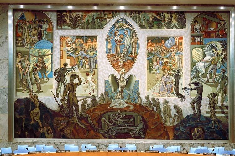 A painting called "Mural for Peace" by Per Krohg in the United Nations Security Council chamber in New York City.