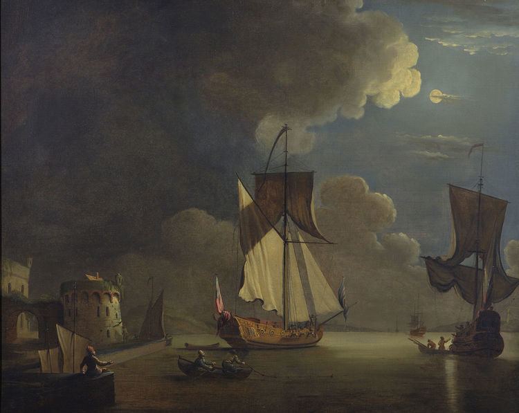 Peter Monamy An Admiralty yacht off a fortified port by moonlight 1700