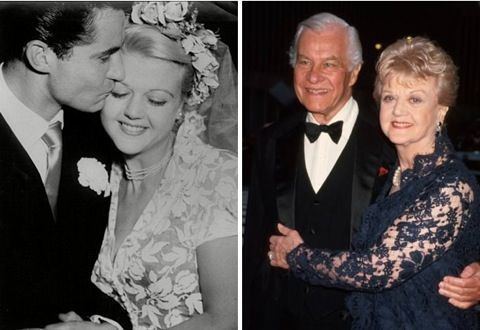 On the left is Peter Shaw and his wife, Angela Lansbury both smiling while Peter is kissing her on the top of her right eye with her eyes closed on their wedding day. Peter is wearing a white shirt and a necktie under a black coat and a corsage while Angela is wearing a a flower headdress and a veil, in a dep-V collared flower-patterned wedding dress. On the right is Peter Shaw and his wife, Angela Lansbury both smiling smiling while holding Angela by her waist and Angela embracing him. Peter is wearing a bowtie over a white collared shirt under a black vest and a black coat, while Angela is wearing a pair of earrings in a black laced dress.