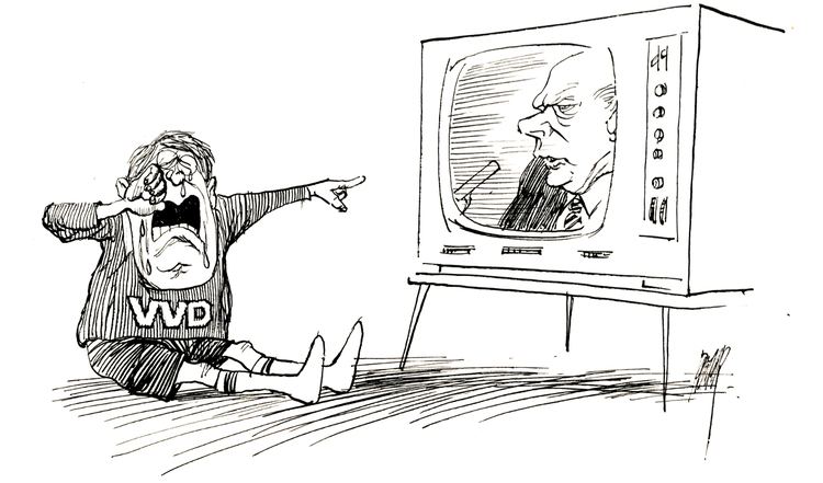 A boy crying while pointing at the television, a drawing of Peter van Straaten
