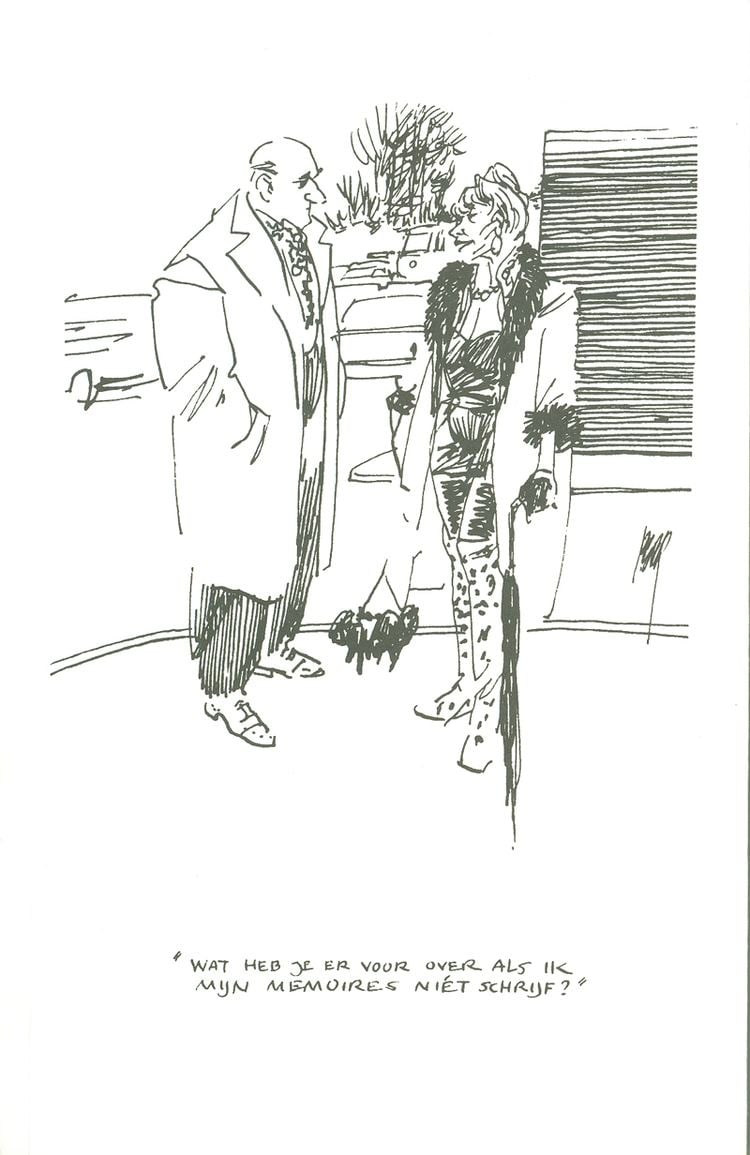 A man standing while talking to a woman, a drawing of Peter van Straaten