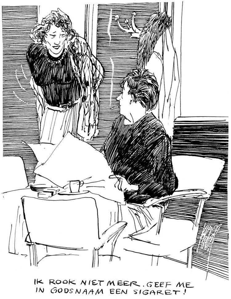 A woman talking to a man at the table who is smoking while reading the newspaper, a drawing of Peter van Straaten