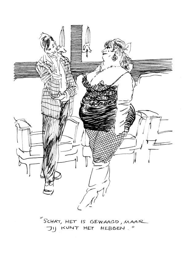 A man and a fat woman standing while staring at each other, a drawing of Peter van Straaten