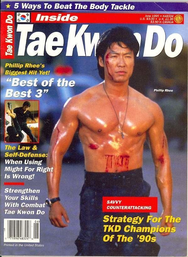 Phillip Rhee, featured in Taekwondo magazine with blood on his body while wearing blue pants