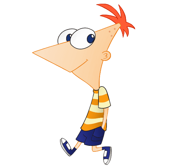 Phineas Flynn smiling while walking, with orange hair, blue eyes, and hands in his pocket.  Phineas is wearing an orange and yellow striped t-shirt, blue shorts, and a blue and white shoes