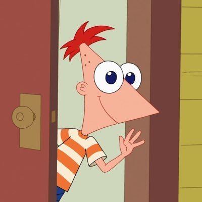 Phineas Flynn smiling and standing behind the brown door while waving his hand. Phineas with orange hair and blue eyes is wearing an orange and light yellow striped t-shirt and blue shorts