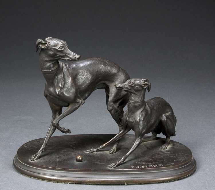 Pierre-Jules Mêne Jules Mene bronze of Two Whippets Playing