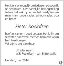 Pieter Roelofsen Pieter Roelofsen 05052016 overlijdensbericht en condoleances