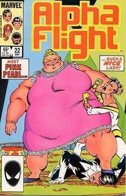 Pink Pearl fighting against Aurora and Northstar on the cover of Alpha Flight Vol 1 #22.