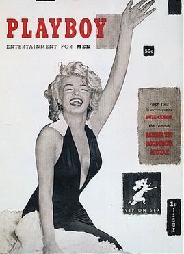 Marilyn Monroe with a big smile while being featured on the first issue of the Playboy Magazine and she is waving her hand while wearing a dress