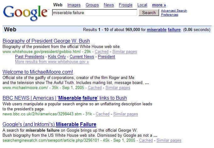 Political Google bombs in the 2004 U.S. Presidential election