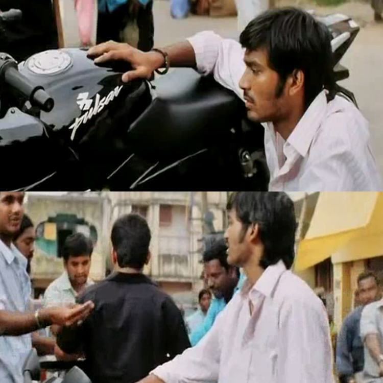 On the top, Dhanush looking at the motorcycle while on the bottom, Dhanush talking to a man in a movie scene from Polladhavan (2007 film)