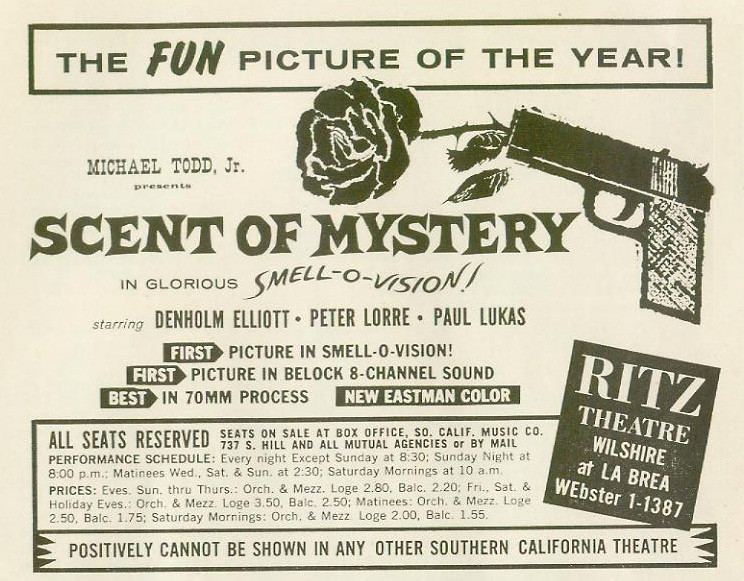 Polyester (film) movie scenes This film time released 30 different odors into the air of the theaters through a system of tubes know as a smell brain 