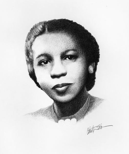 A portrait of Portia White with a serious face, braided hair, and a signature on the lower right corner. Portia is wearing earrings and a blouse