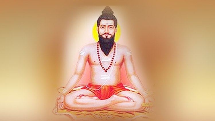 An artwork of Pothuluri Veerabrahmendra illustrated doing a meditative pose and wearing a red loincloth and a bead necklace.