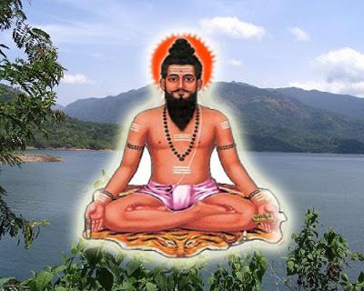 Pothuluru Veerabrahmendra in a scenery with an orange halo on his head.