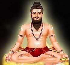 Sri Madvirat Pothuluri Veerabrahmendra illustrated doing a meditative pose and wearing a red loincloth and a bead necklace.