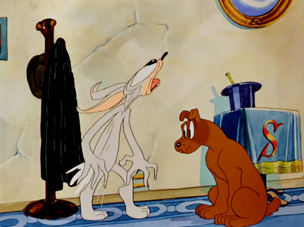 Prest-O Change-O movie scenes The rabbit jumps out of a cloak in a hatstand then begins a trick to the dog by holding a vase In this sequence at least with the scenes of the rabbit 
