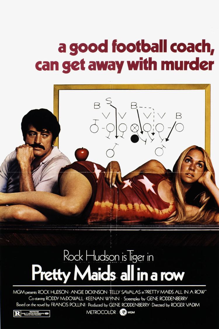 Movie poster of Pretty Maids starring Rock Hudson looking at Margaret Markov lying on the table and wearing a red sexy mini dress.