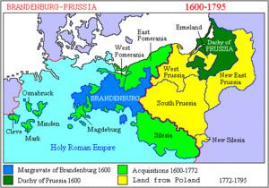 Growth of Brandenburg-Prussia, 1600-1795. Margravate of Bradenburg 1600 in the blue shade, Duchy of Prussia 1600 in the green shade, Acquisitions 1600-1772 in the neon-green shade, and the Land from Poland 1772-1795 in the yellow shade