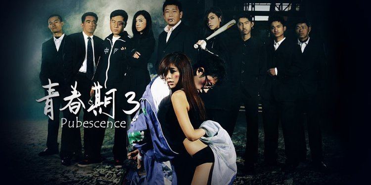 The movie poster of Pubescence 3 2012, from left In the middle Wang Yi is serious, kneeling hands tied up at the back, has black hair and a wound in his right eyebrows wearing eyeglasses, white shirt and blue cloth, on the right middle Zhao Yihuan is serious, kneeling, hand tied up at her back with a blue cloth, has long brown hair and a scar on her cheek wearing a black under wears. At the back are nine gang members in an abandoned warehouse.