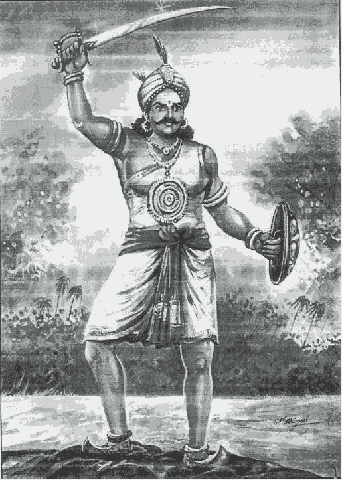 A sketch of Puli Thevar ready to fight while holding a sword and armor