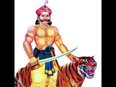 An illustration of Puli Thevar holding a sword and standing beside a tiger which is the meaning of his name in Tamil