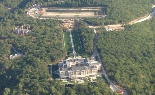 Aerial view of Putin's Palace with helipads, sports fields, and gardens located on the Black Sea coast near Praskoveevka in Krasnodar Krai