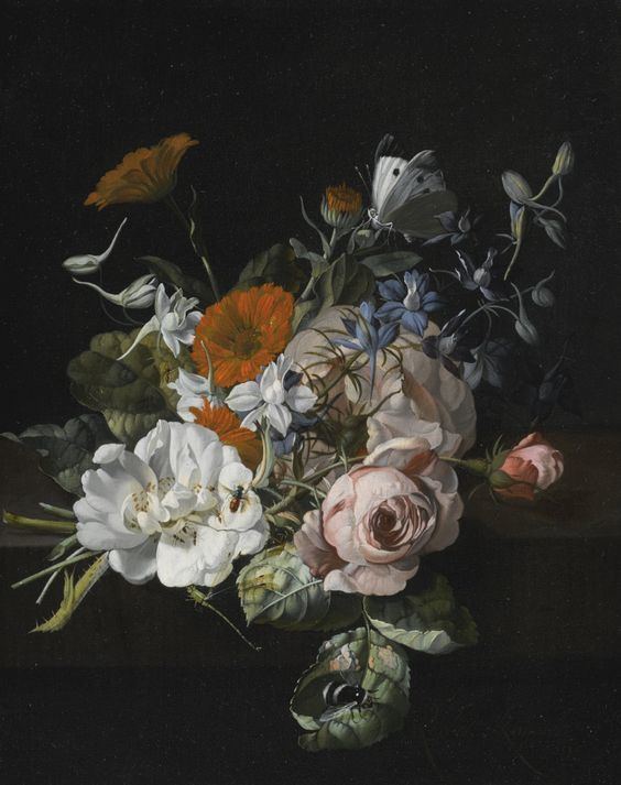 Rachel Ruysch STILL LIFE OF FLOWERS WITH A NOSEGAY OF ROSES, MARIGOLDS, LARKSPUR, A BUMBLEBEE AND OTHER INSECTS