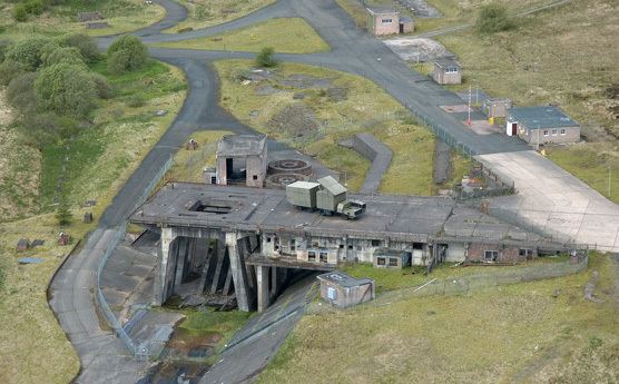 An aerial view of one of the rocket firing stands used for testing the Blue Streak missile program at RAF Spadeadam