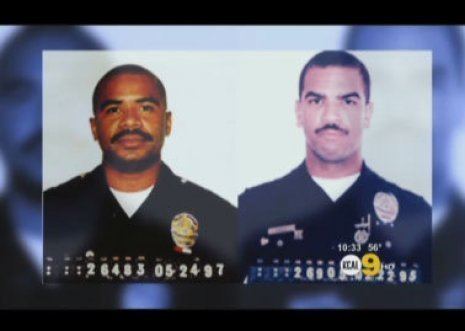 Rafael Pérez and David Mack with mustache and wearing their uniforms.