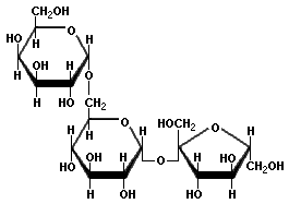 Raffinose structure consisting of three single-molecule sugars (trisaccharide), galactose, and sucrose