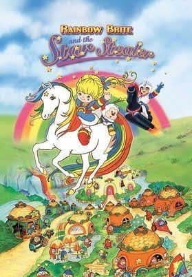 Movie poster of "Rainbow Brite and the Star Stealer", a 1985 animated fantasy film featuring Wisp and Willow riding Starlite, a white horse with rainbow color hair stepping on a rainbow, and Rainbow Brite riding a black horse machine.