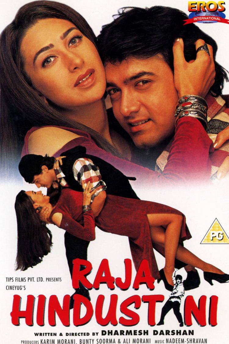 The movie poster of "Raja Hindustani" (1996) featuring Aamir Khan as Raja Hindustani, and Karisma Kapoor as Aarti Sehgal hugging each other in white background