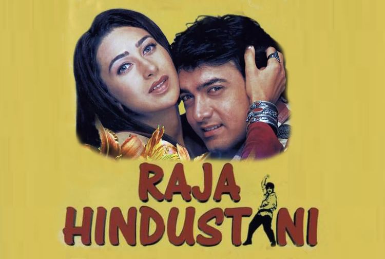 Aamir Khan as Raja Hindustani, and Karisma Kapoor as Aarti Sehgal hugging each other from the movie "Raja Hindustani" (1996)