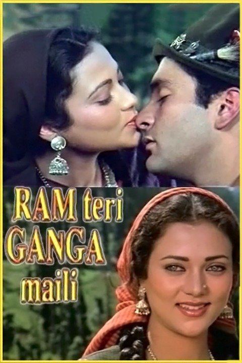 In the movie scene of  Ram Teri Ganga Maili 1985,  on the top Mandakini is serious, her lips kissing Rajiv Kapoor’s nose, has long black hair, wearing a brown cloth over her hair, big silver earrings, necklace, a purple and brown long sleeve, next to her is Rajiv Kapoor, serious, eyes closed, has black hair wearing a brown cap with white and brown feather brush and a brown jacket, at the bottom Mandakini is smiling, has black hair brown eyes wearing a nose piercing, silver earrings, necklace, red checkered cloth over her head and gray top, on the left is the movie title Ram Teri Ganga Maili in yellow color font,