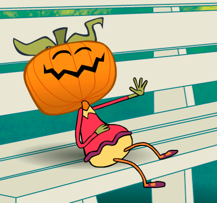 A cartoon character, jack o lantern is smiling, sitting on a white bench laughing right hand on stomach left hand up, has orange pumpkin head wearing a red long sleeve dress and yellow bottom, with purple shoes.