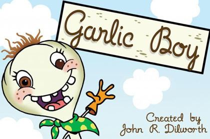 A cartoon character,  Garlic boy is happy, mouth open, has white head and brown hair wearing brown gloves and green yellow scarf in a sky with clouds and a name written Garlic Boy at the bottom right Created by John R. Dilworth