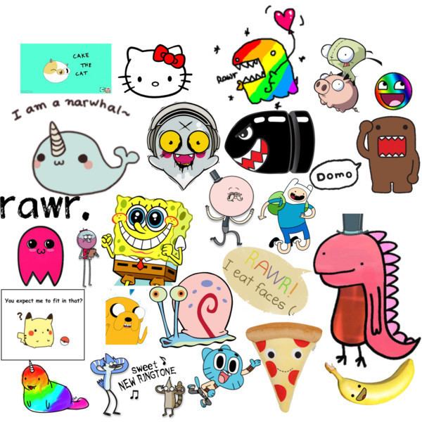 A white background with random cartoon characters,  1st row from left, Cake the cat, hello kitty, rainbow Dino, Invader Zim, rainbow face emoji,  2nd row from left, a narwhal, a ghost with headphones, Bullet Bill, Domo, 3rd row from left, pink pacman ghost, Benson, sponge bob, pops, finn, doddle dino, 4th row from left, pikachu, jake the dog, gary the snail, 5th row, rainbow sea lion, Mordecai, Gumball Watterson, Pizza with a face, and banana,