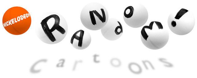 In a white background on the left a balloon of orange with a NICKELODEON written on it, and seven white balls with letters written in each from left, R, A, N, D, O, M, ! and shadows written cartoons