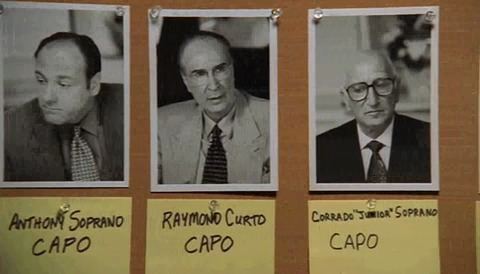 Picture of Ray Curto, Anthony Soprano and Conrado Soprano on a pinboard while wearing a coat, long sleeves, and necktie