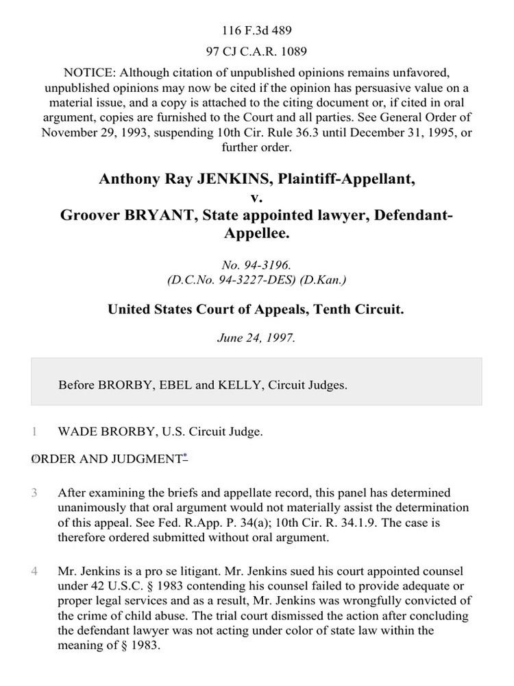 Ray Jenkins Anthony Ray Jenkins v Groover Bryant State Appointed Lawyer 116 F