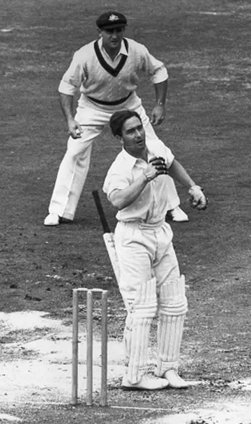 Ray Lindwall Denis Compton drops his bat after being struck by Ray