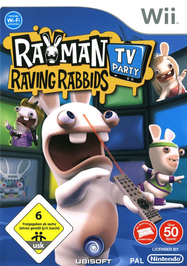 Rayman Raving Rabbids: TV Party Rayman Raving Rabbids TV Party 2008 Wii box cover art MobyGames